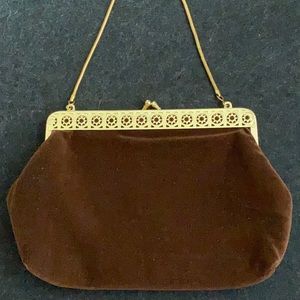 Vintage brown suede hand bag with golden details and chain made in Hong Kong
